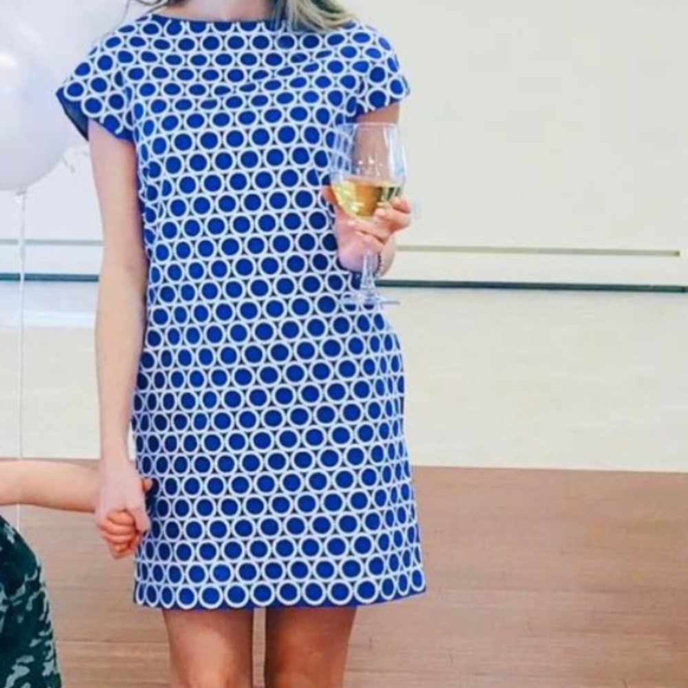 Blue and White Geometric Sheath Dress with Bateau Neckline